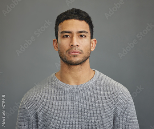Canvas Print Serious man, casual style and portrait with modern fashion in a studio