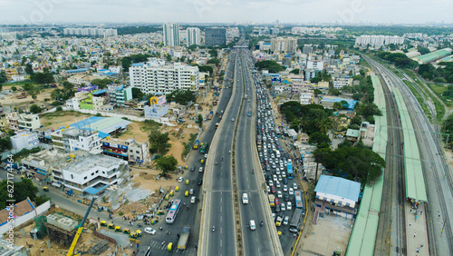 Bangalore city traffic drone photo with flyover. shot on 12.06.2019