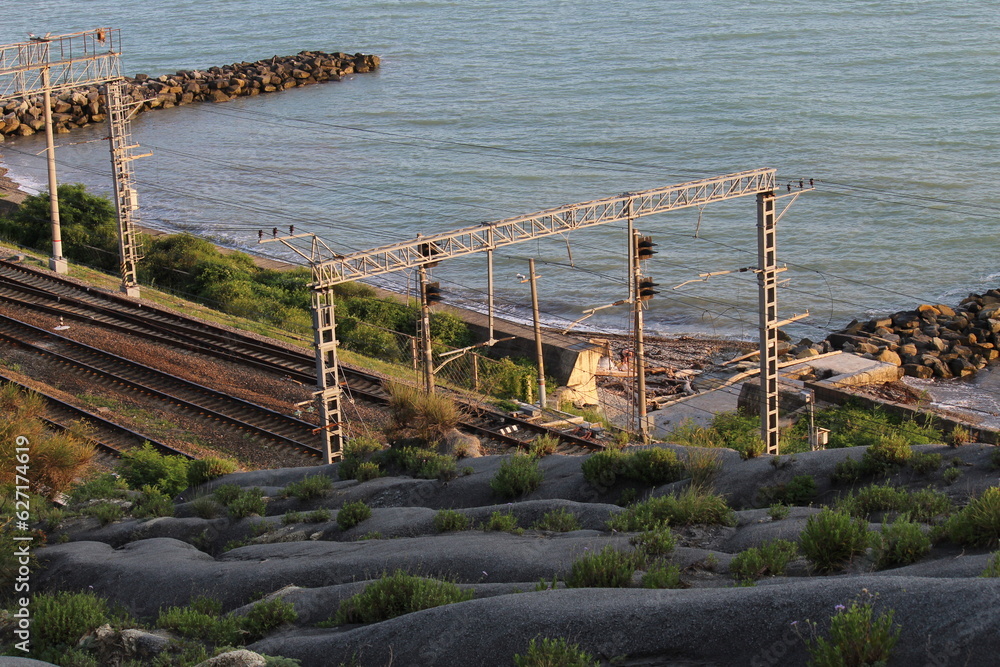 railway on the background of the blue sea