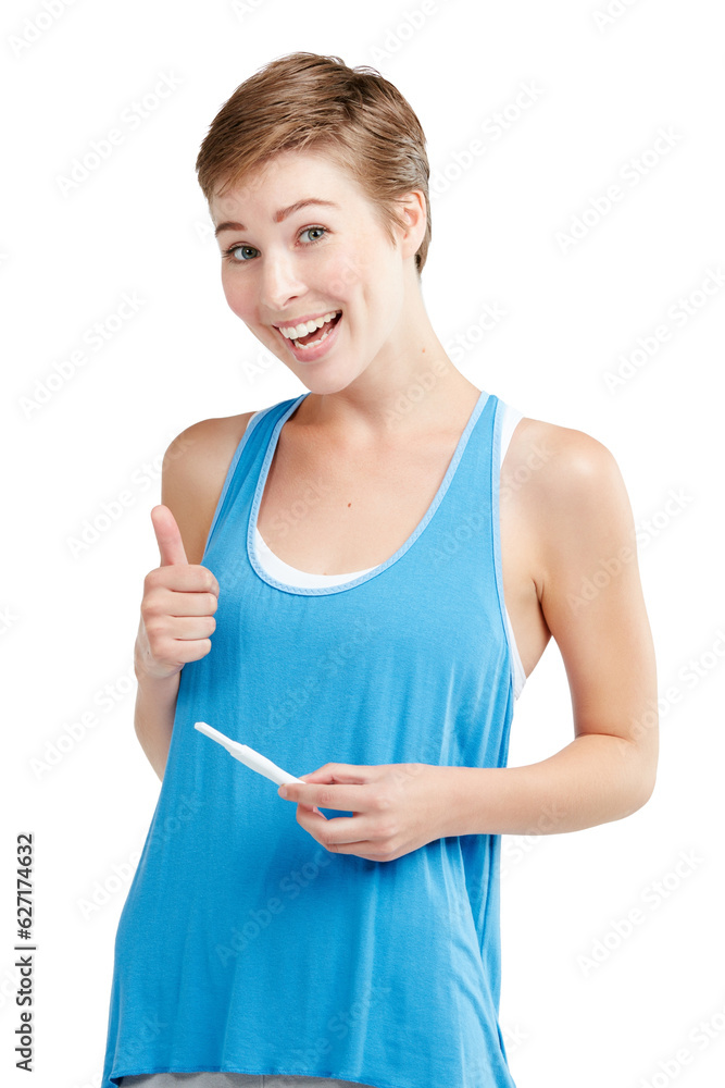Portrait, thumbs up and pregnancy test with a woman in studio isolated on a white background for prenatal health. Pregnant, positive and emoji with an attractive young mother to be on blank space Portrait, thumbs up and pregnancy test with a woman in studio isolated on a white background for prenatal health. Pregnant, positive and emoji with an attractive young mother to be on blank space