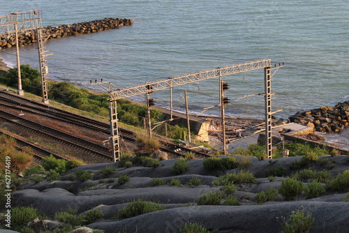 railway on the background of the blue sea