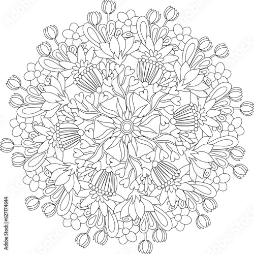 abstract floral mandala adult coloring page background tulips intricate garden flower circular design line art coloring