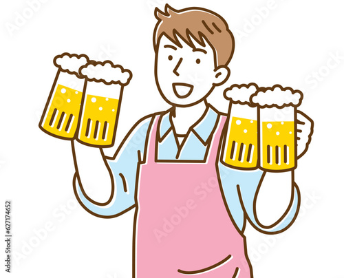 大きなビールジョッキを両手で運ぶエプロン姿の男性