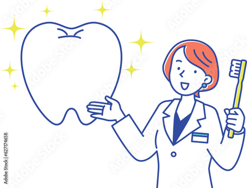 大きな歯ブラシを持った女性の歯科医ときれいな歯