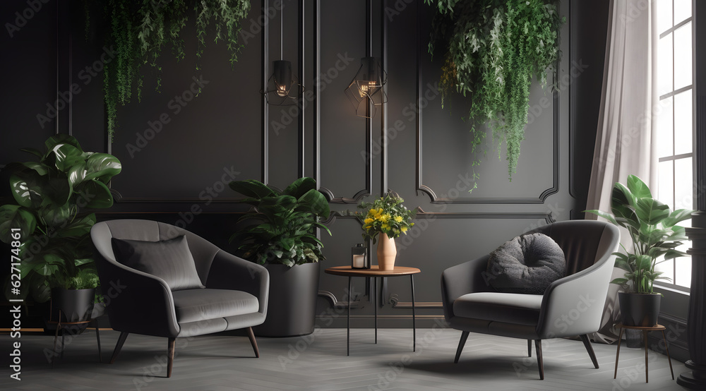 Fototapeta premium A modern luxury living room interior background, interior with black walls, living room interior mockup, dark interior of living room with a black wall, chair, and wooden console, Generative AI
