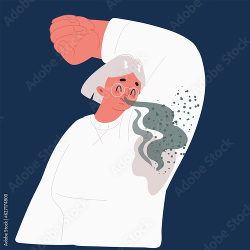 Cartoon vector illustration of woman who sniffs armpits and her face is negative