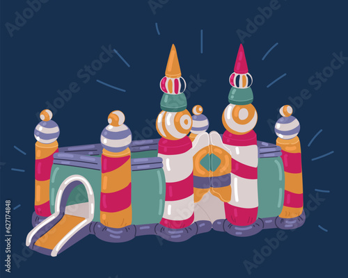 Cartoon vector illustration of Inflatable colorful castes for kids Inflated bouncy trampolines with slides, playground or park equipment for jumping. Childhood, entertainment concept.