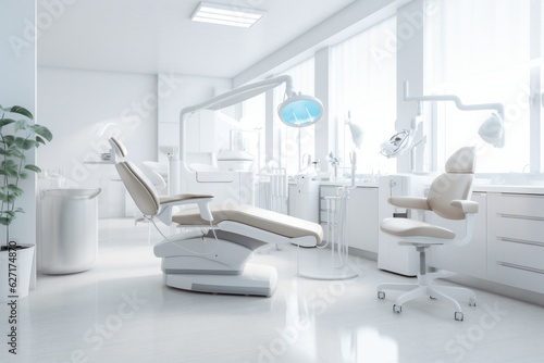 Leinwand Poster Dentist office white interior with medical equipment