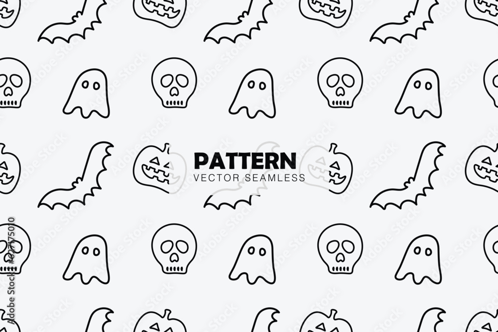 Halloween ghost, pumpkin, bat, and skull outlined vector seamless repeat pattern Halloween ghost, pumpkin, bat, and skull outlined vector seamless repeat pattern