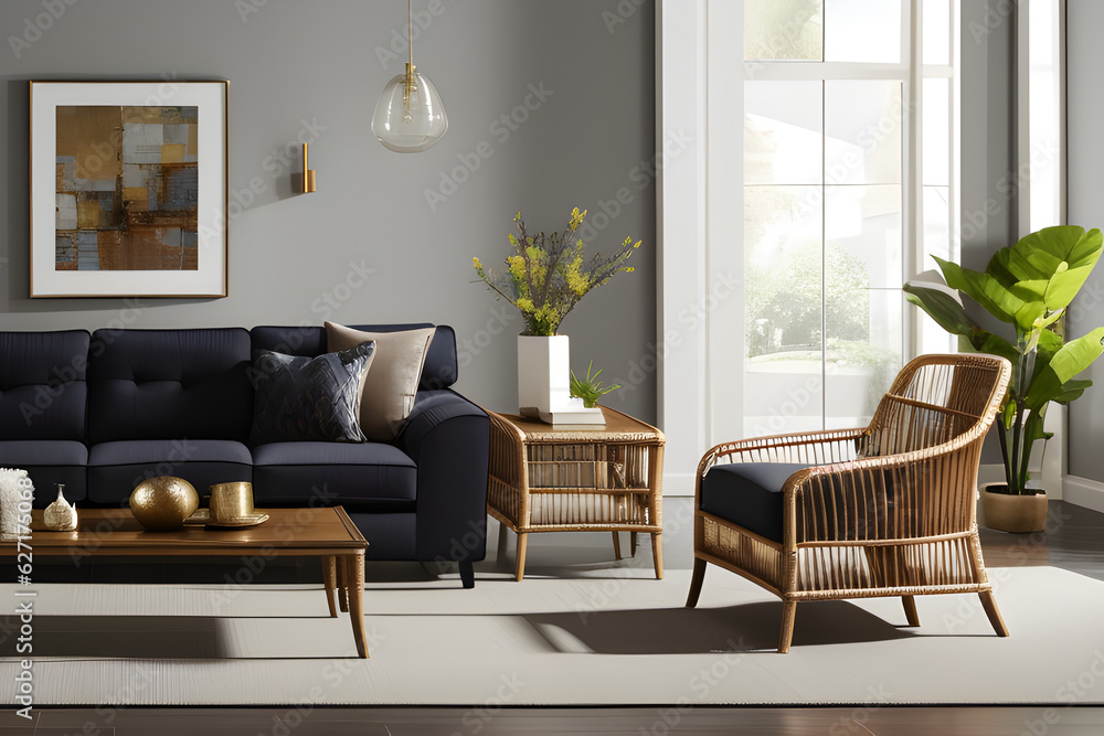 Fototapeta premium modern living room with sofa, rattan chair