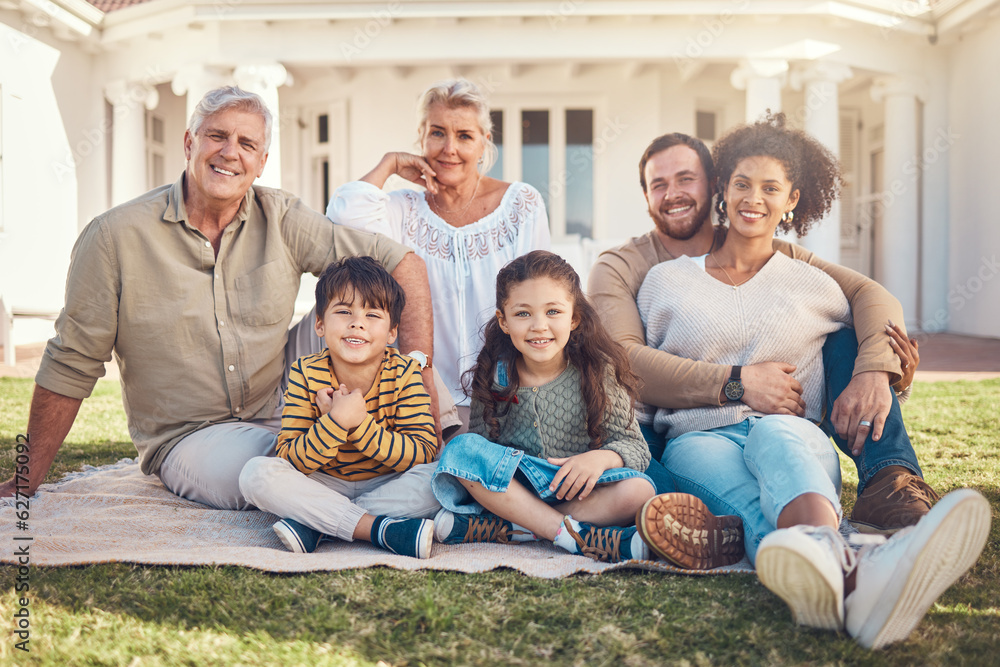 Family, portrait and happiness, people relax on lawn and love, grandparents and parents with children outdoor. Men, women and kids with generations, trust and care with bonding in garden together Family, portrait and happiness, people relax on lawn and love, grandparents and parents with children outdoor. Men, women and kids with generations, trust and care with bonding in garden together