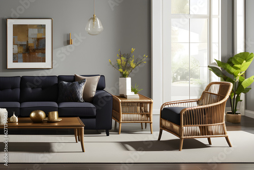 modern living room with sofa, rattan chair