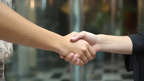 Close up of two business woman handshake after successful agreement in office. Business partnership meeting concept
