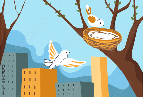 Birds nesting on tree in city spring season vector