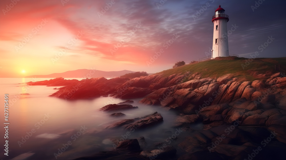 Capturing majestic lighthouse in early morning with beautiful ocean landscape