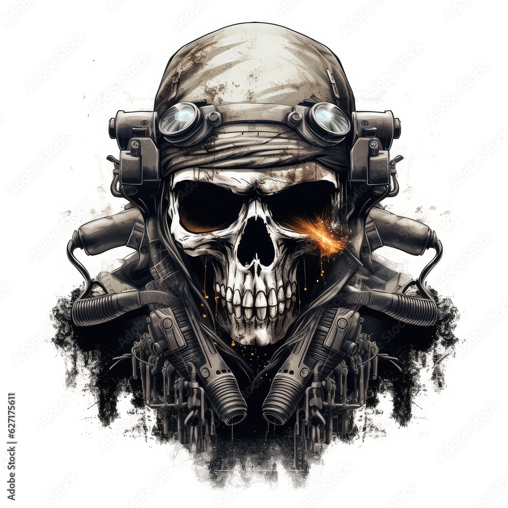 skull wearing night vision tactical helmet, suitable for t shirt, badge