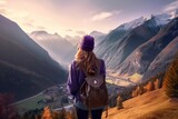 Adventurous Woman Exploring Majestic Mountain Views with a Backpack, Generative AI