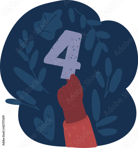 Cartoon vector illustration of number four in hand. Hand holding number 4 on blue background with copy space. Concept with number four. Birthday 4 years, fourth grade, four day work week