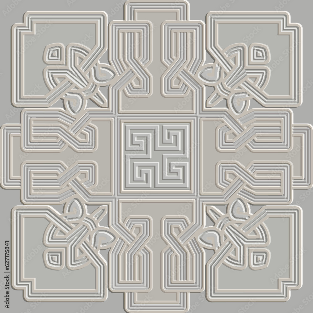 Emboss celtic greek arabesque style 3d seamless pattern. Ornamental embossed light ornate background. Repeat relief textured backdrop. Elegant surface ornaments with embossing effect. Endless texture