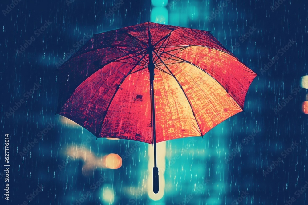 Colorful Umbrella Under the Rain Vibrant Raindrops Falling on a Colorful Umbrella, Abstract Background with Copy Space, Generative AI
