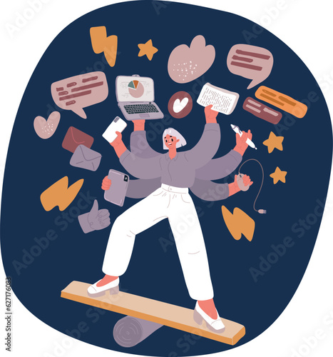 Vector illustration of Multitask woman. Businesswoman with child, working, coocking and calling.