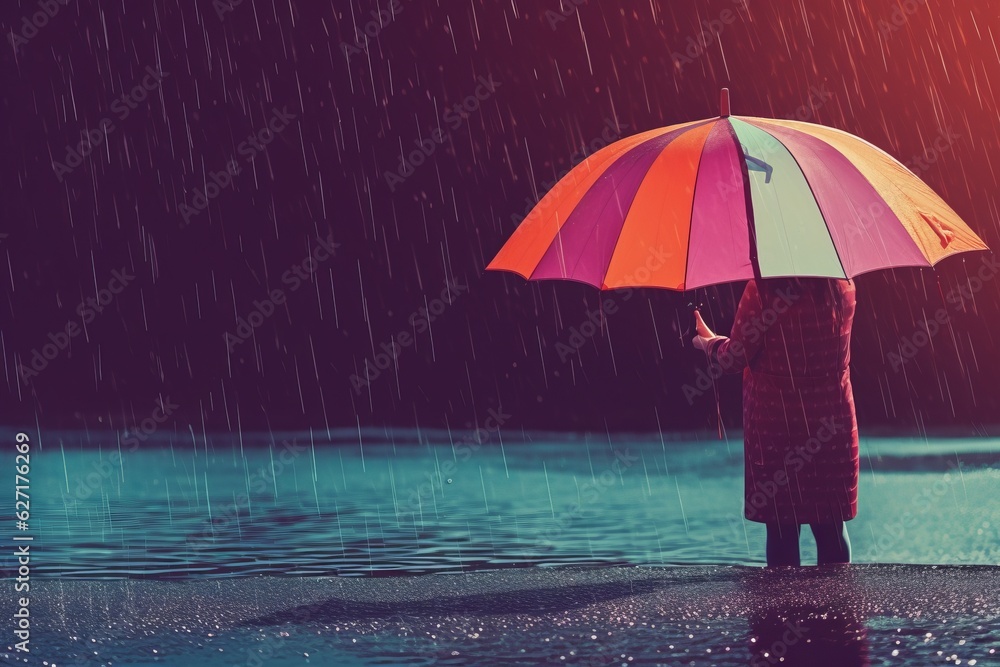 Rainy Day Reflections Person with Umbrella in the Rain, Generative AI