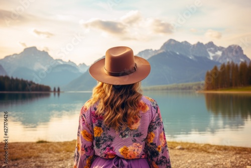Serene Sunset Woman in Purple Shirt and Hat Admiring Majestic Mountains, Generative AI © ParinApril