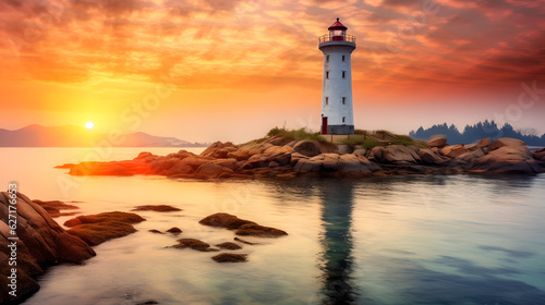 Capturing majestic lighthouse in early morning with beautiful ocean landscape