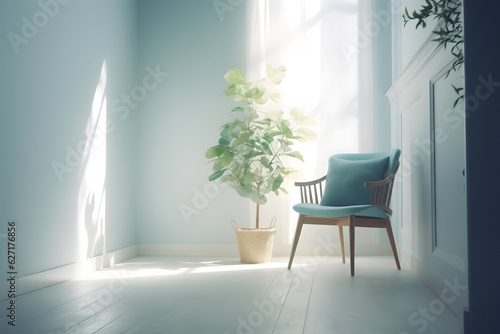 A blue chair in the living room with potted and green plants in a vase. Cozy corner with a blue chair and a green plant, Generative AI