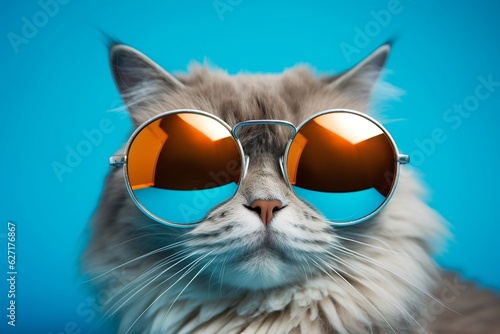 Cool Cat Blue Background with Sunglasses. Generative Ai