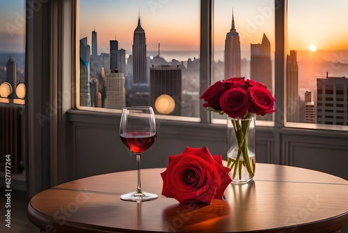 dinner setting with roses and wine