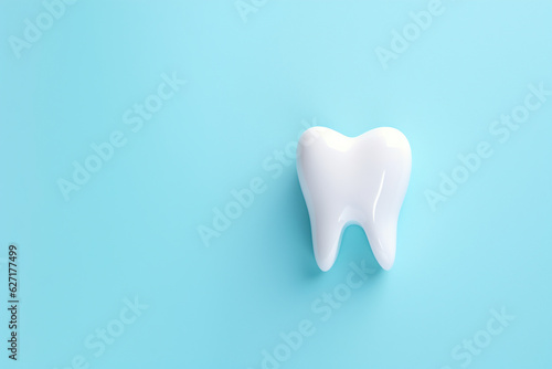 model of a healthy white tooth on a blue background with copy space  dental clinic ad
