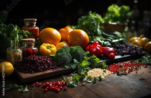 Healthy food  clean eating fruits  vegetables  seeds  superfoods  grains  cabbage  sweet potato  avocado  tomato  onion  beetroot  pepper  eggplant  artichoke  broccoli  cucumber on black background.