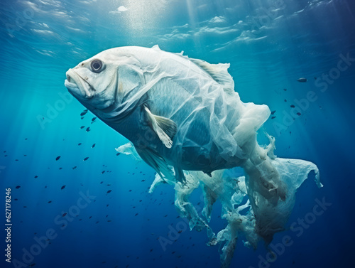 Fish made of plastic bags are swiming in the ocean. Contamination of the Oceans. Marine plastic pollution concept. Environmental pollution. Ai generative