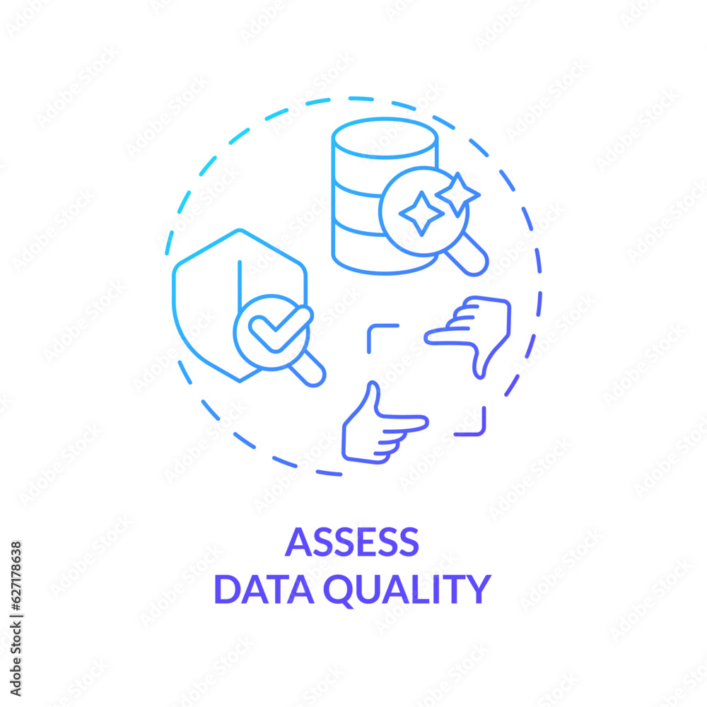 Gradient assess data quality concept thin line icon, isolated vector representing data democratization. Gradient assess data quality concept thin line icon, isolated vector representing data democratization.