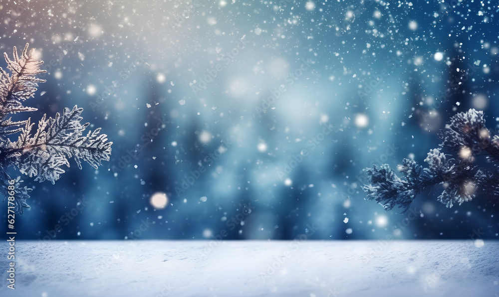 Christmas and Winter Background, Bokeh effect. Merry Christmas and a Happy New Year Greeting Card with copy space area - Generative AI
