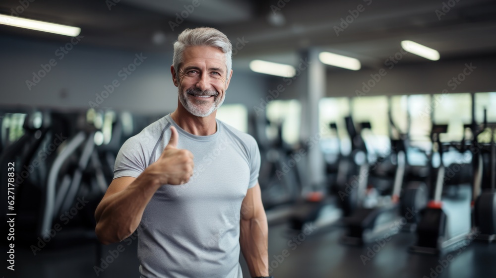 Middle age personal trainer showing thumbs up with blurred gym in background. Middle age personal trainer showing thumbs up with blurred gym in background.