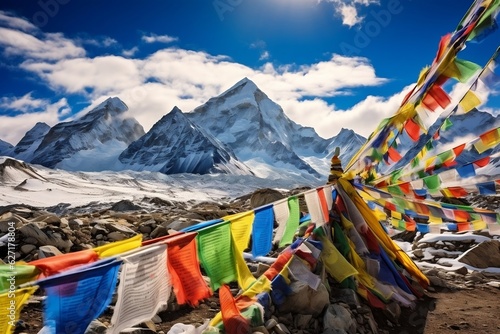 Everest Journey Colorful Flags Adorn the Path. Generative Ai