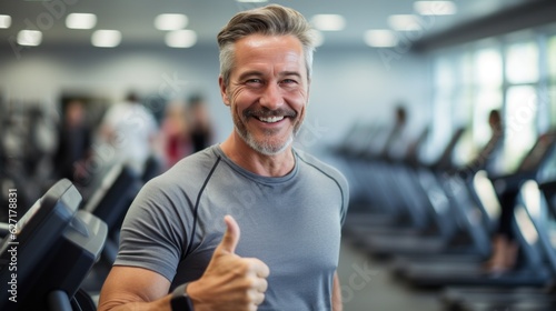 Middle age personal trainer showing thumbs up with blurred gym in background.