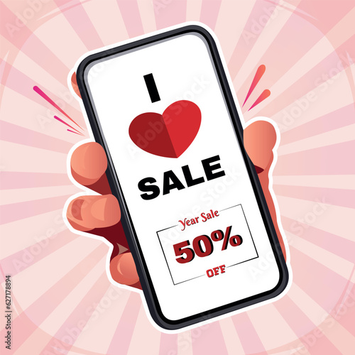A man holds a hand touch screen smartphone with I love sale typography.