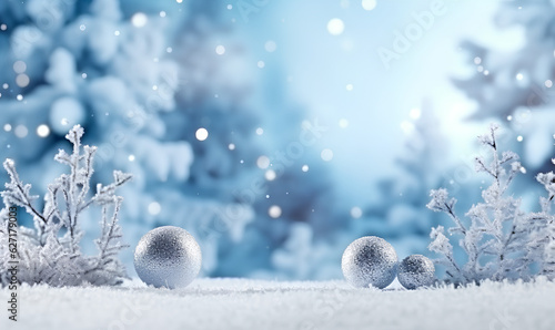 Christmas and Winter Background, Bokeh effect. Merry Christmas and a Happy New Year Greeting Card with copy space area - Generative AI © Samira