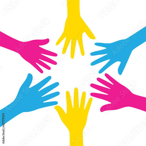 Silhouette of pink, yellow, and blue colored hands as the colors of the pansexual flag. Flat design illustration.