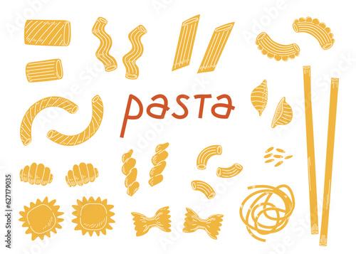 Set of different types of italian pasta. Vector elements for menu, posters, cooking books on white background. Hand drawn illustration