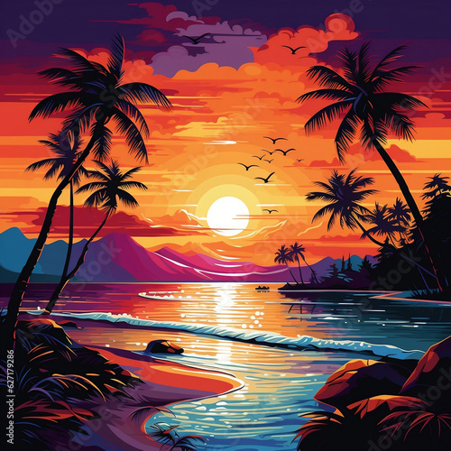 Sunset on a tropical sandy beach, palm trees and sea waves. Sunset colors, retro style. AI