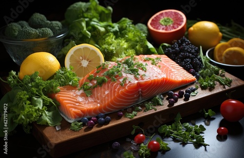 Fresh raw red salmon steak with spices, lemon, pepper, rosemary, herbs, creative pattern made of fish, flat lay, Raw fresh salmon fillet with cooking ingredients, on black background, top view