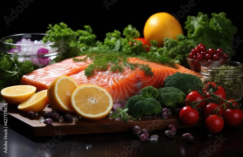 Fresh raw red salmon steak with spices, lemon, pepper, rosemary, herbs, creative pattern made of fish, flat lay, Raw fresh salmon fillet with cooking ingredients, on black background, top view