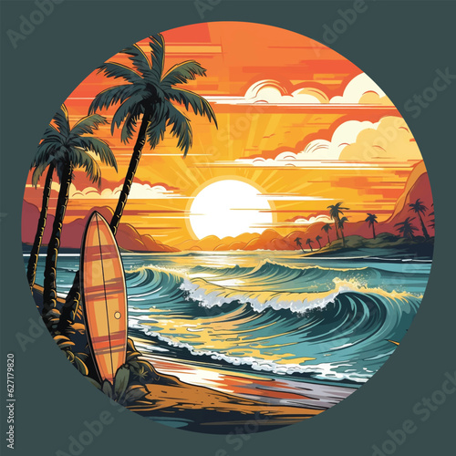 Vector: Surfboards on a sandy beach with palm trees and sea waves in the background. Sunset colors, retro style
