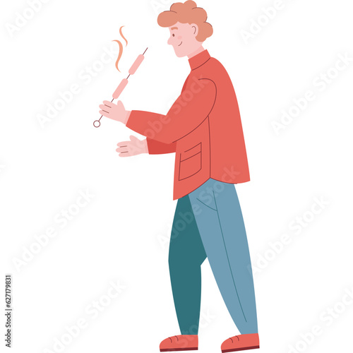 Man eating shashlik or fried sausage vector icon
