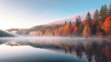 Autumn forest reflected in water.