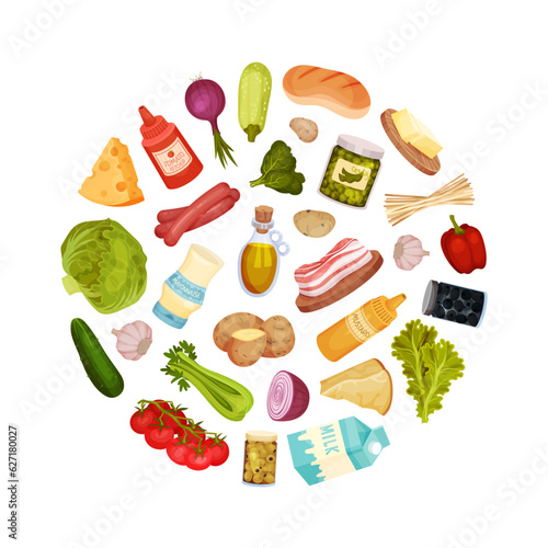 Grocery Food Store Round Composition Design with Market Products Vector Template